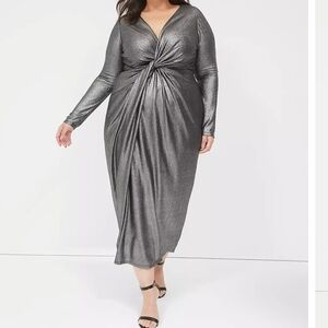 Plus Size Metallic Twist-Front Long Sleeve Dress - Gray